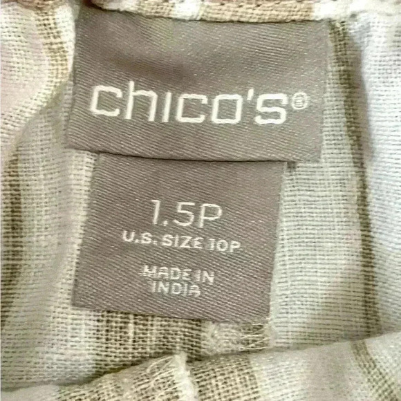Chico’s Linen Cropped Striped Beige White Pants Pockets Stretch Waist Size 10P - Picture 6 of 8